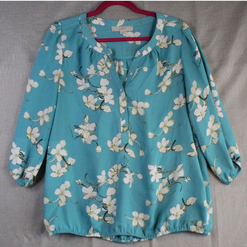 LOFT Floral Split Neck Blouse Size M Teal Boho Cottagecore Coastal Grandma Top